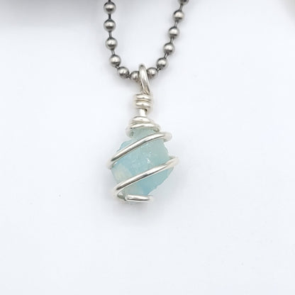 Raw Aquamarine Necklace, Silver Wire Wrapped Aquamarine Pendant