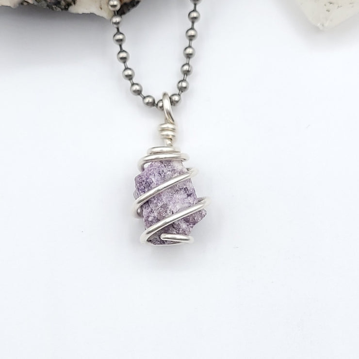 Raw Lepidolite Necklace, Silver Wire Lepidolite Pendant