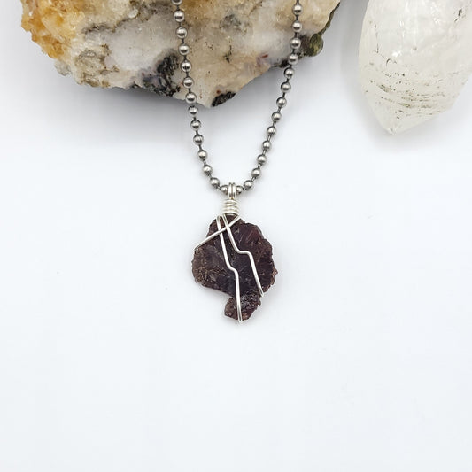 Raw Axinite Necklace, Silver Wrapped Root Beer Axinite Pendant