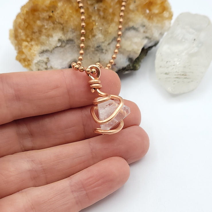 Apophyllite Crystal Necklace, Copper Wire Wrapped Apophyllite Pendant