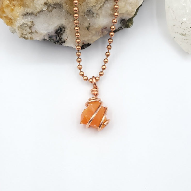 Raw Carnelian Necklace, Copper Wire Pendant