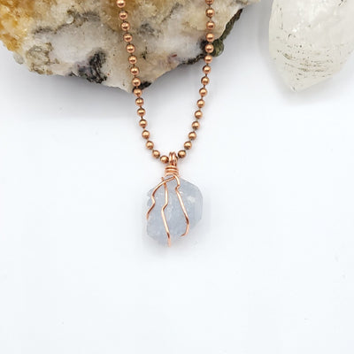 Raw Celestite Necklace, Copper Wire Celestite Pendant