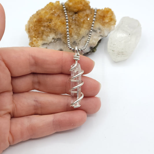 Colombian Lemurian Quartz Crystal Necklace in Silver Wire