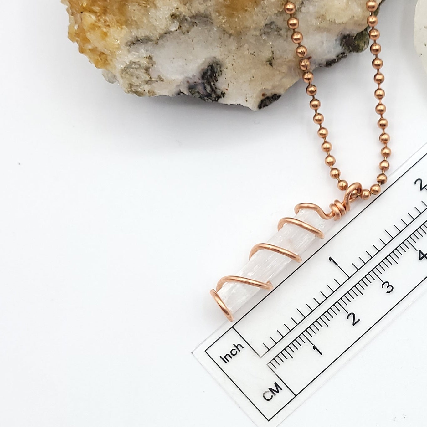 Selenite Necklace, Copper Wire Wrapped Selenite Pendant
