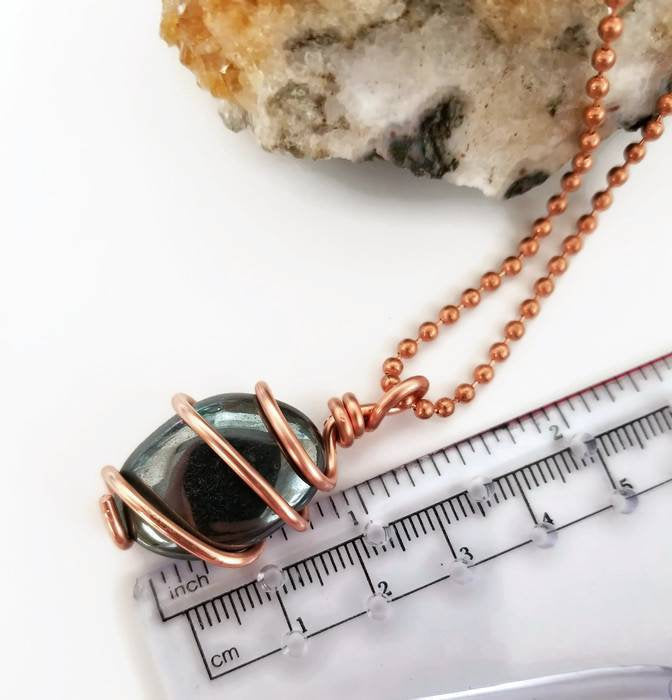 Hematite Necklace, Copper Wire Wrapped Hematite Pendant