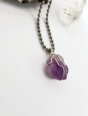 Amethyst Necklace, Silver Wire Wrapped Amethyst Pendant
