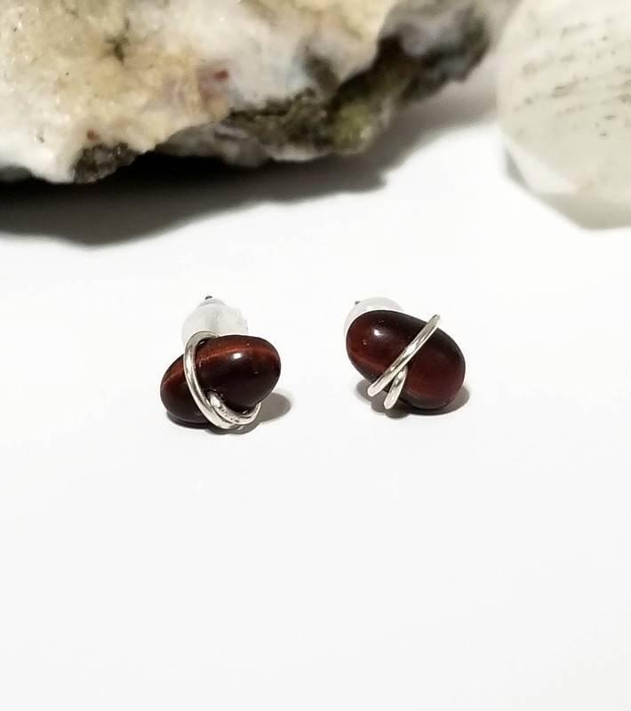 Red Tiger's Eye Crystal Stud Earrings with Sterling Silver Wire 