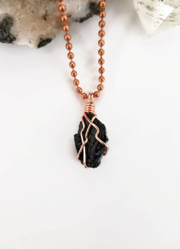 Black Tourmaline Necklace, Copper Wire Wrapped Black Tourmaline Pendant