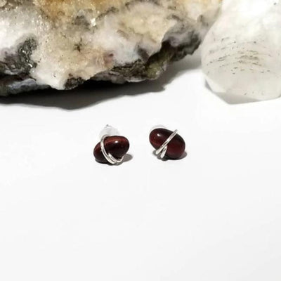 Red Tiger's Eye Crystal Stud Earrings with Sterling Silver Wire 